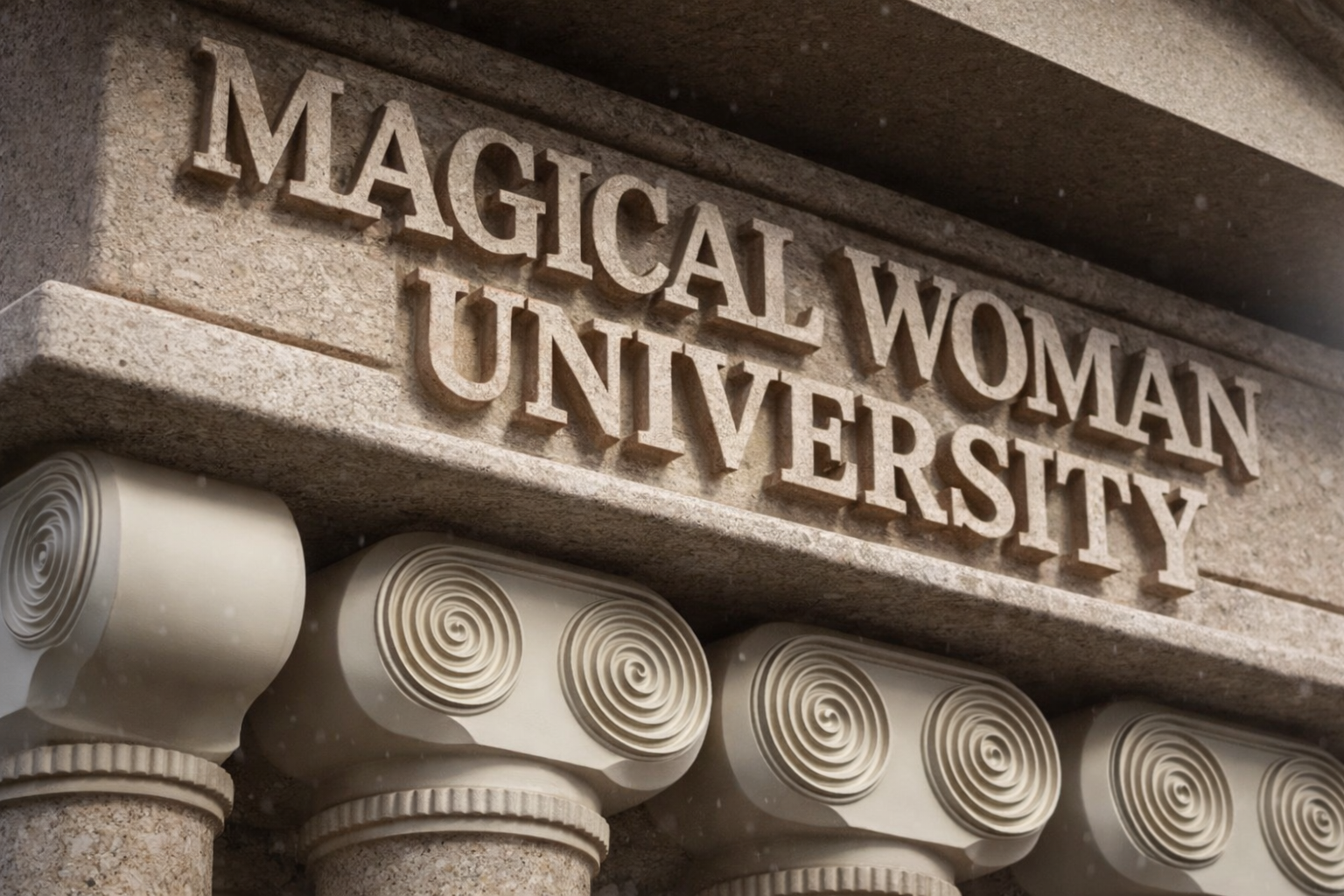 Sign for 'Magical Woman University' on a stone building with columns.