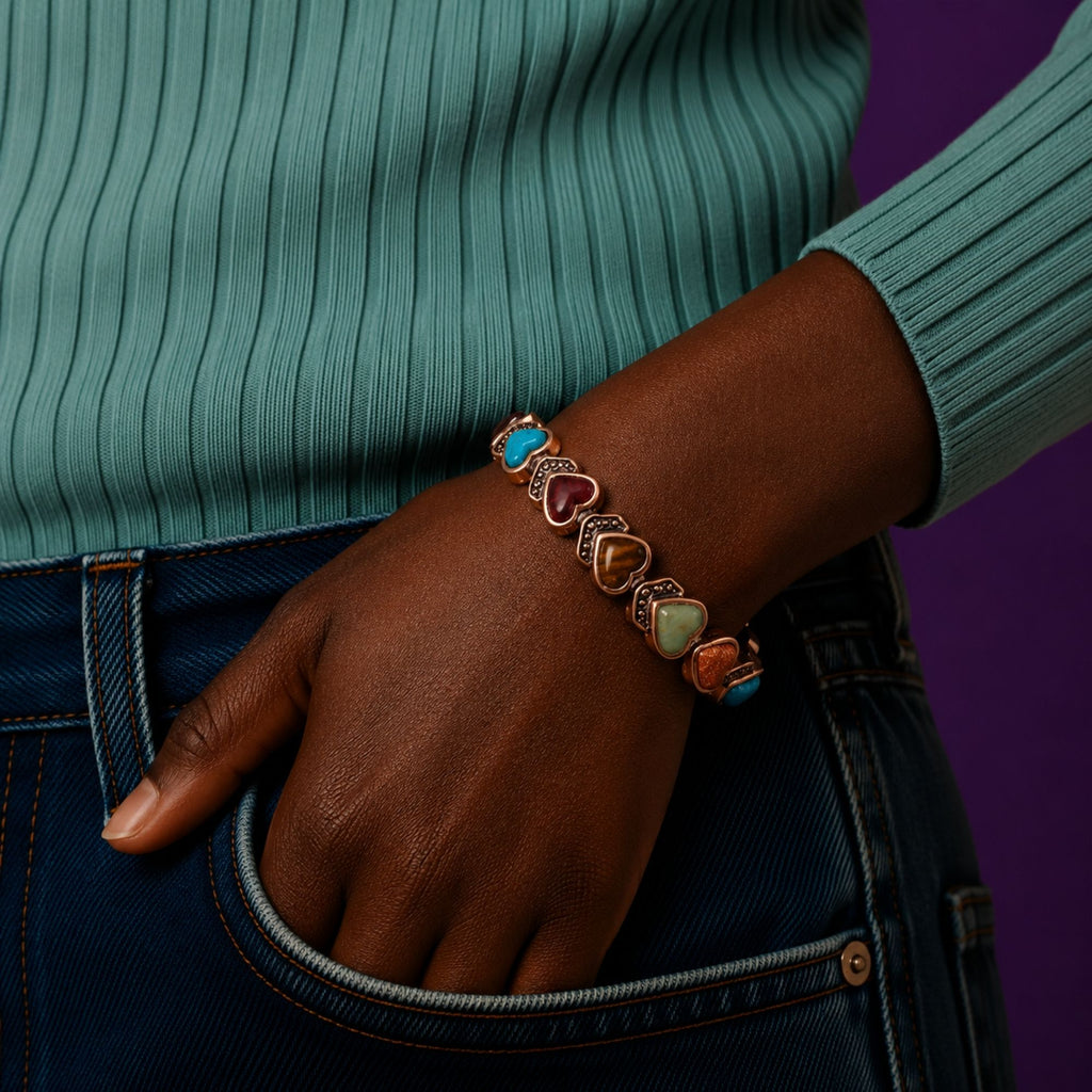 Magnetic Copper Tone Link Bracelet Multi Color Stone