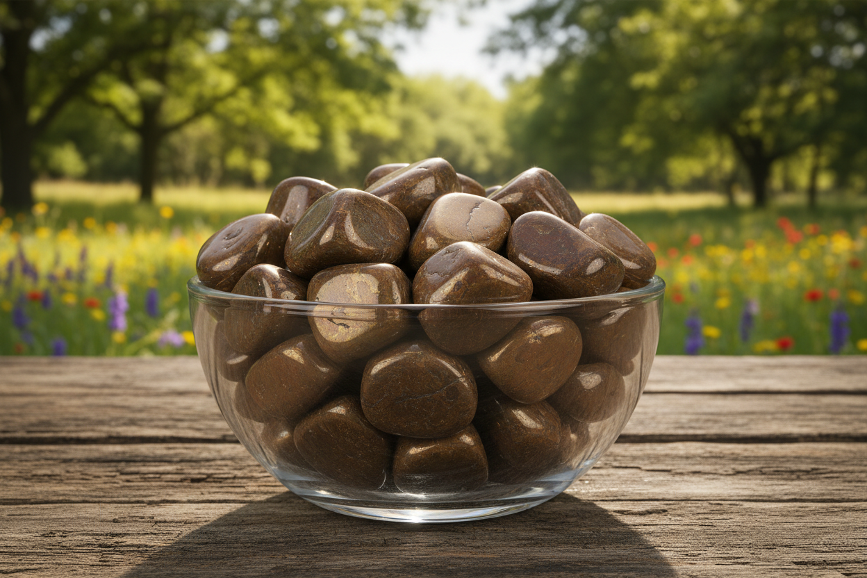 a glass bowl of Bronzite Tumbles on a wooden table with nature- trees, grass and wildflowers in the background