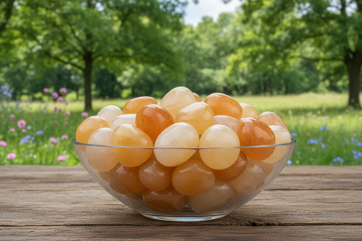 a glass bowl of Calcite Tumbles on a wooden table with nature- trees, grass and wildflowers in the background