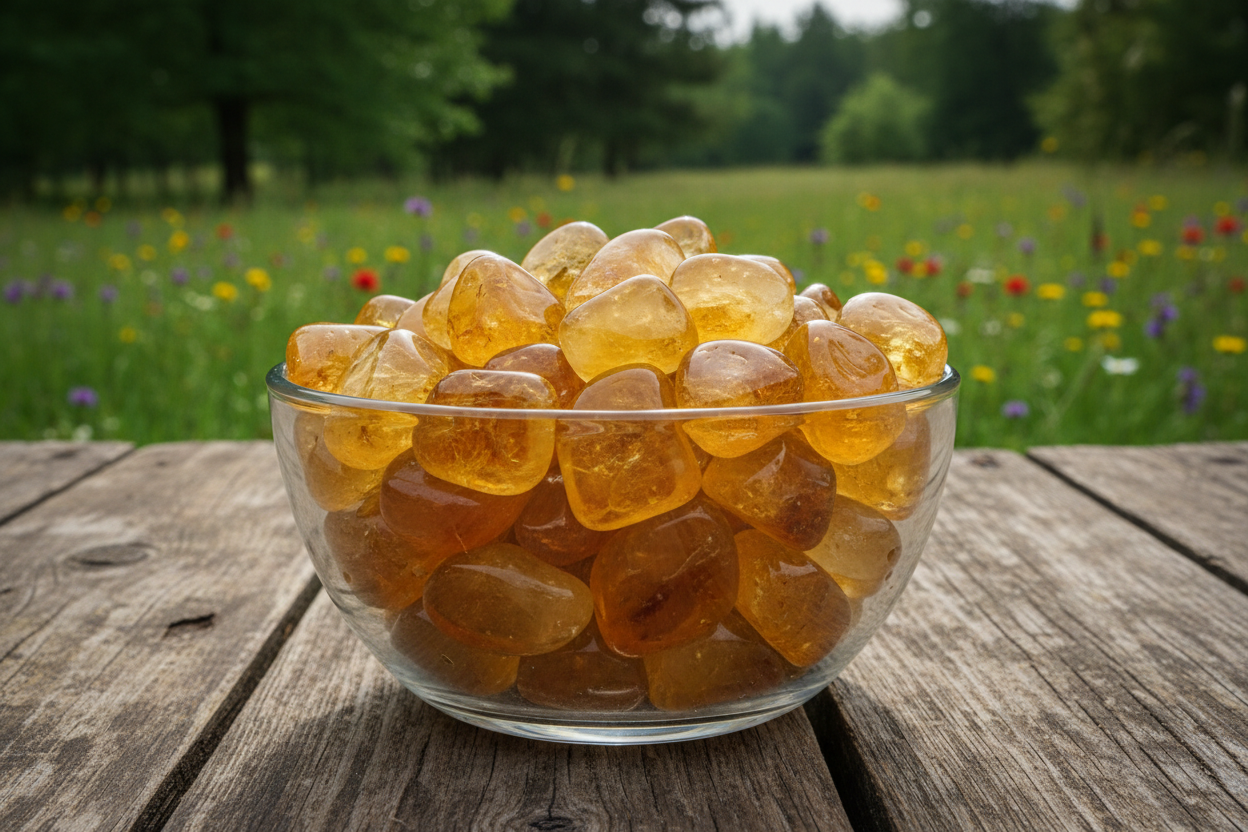 a glass bowl of citrine tumbles on a wooden table with nature- trees, grass and wildflowers in the background