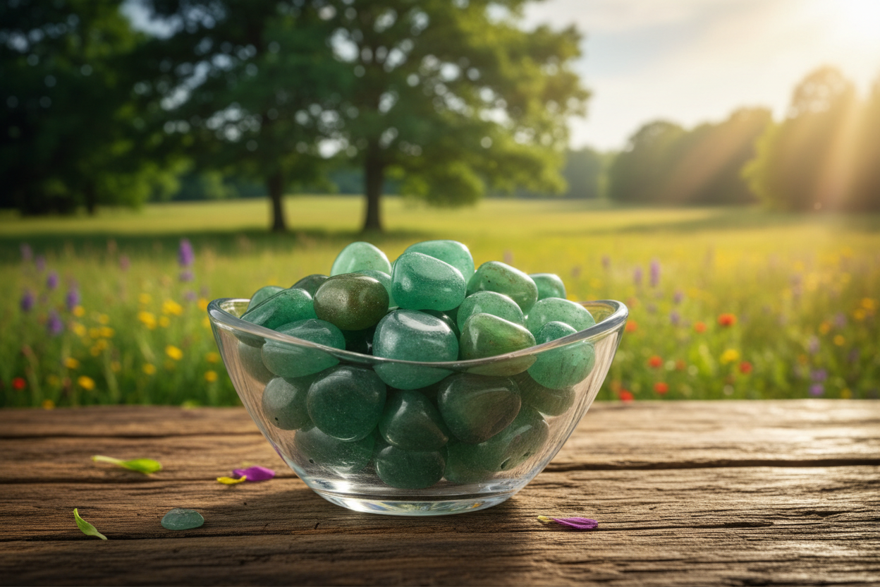 a glass bowl of green aventurine tumbles on a wooden table with nature- trees, grass and wildflowers in the background