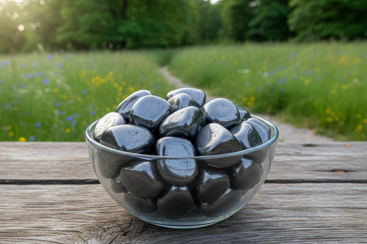 a glass bowl of hematite tumbles on a wooden table with nature- trees, grass and wildflowers in the background