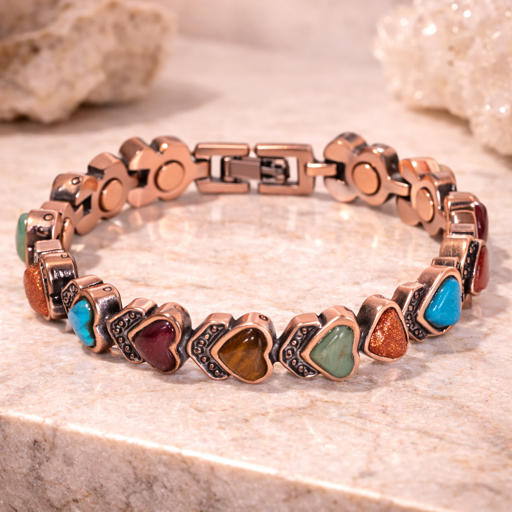 Magnetic Copper Tone Link Bracelet Multi Color Stone