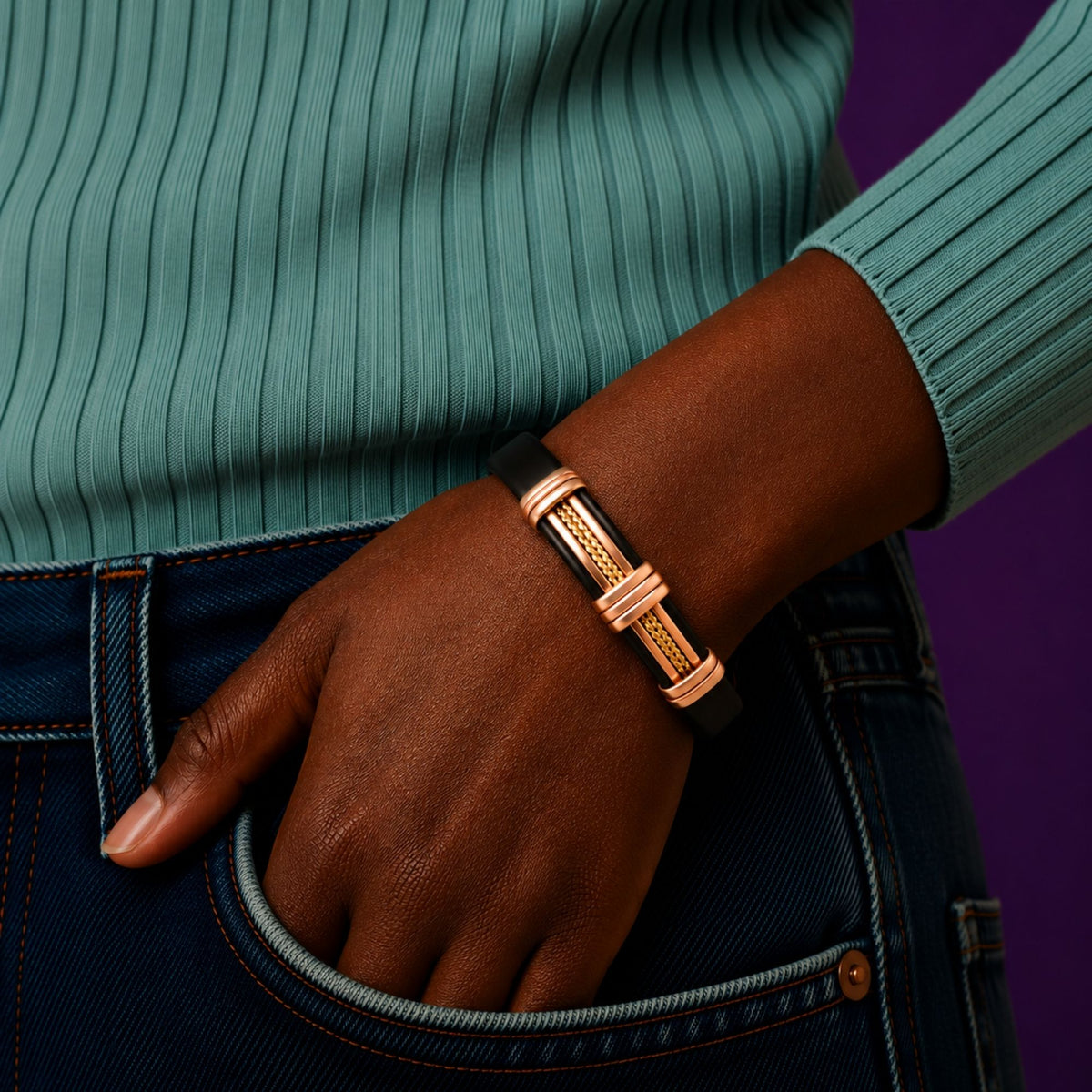 Magnetic Pure Copper 2 Tone Leatherette Cuffs